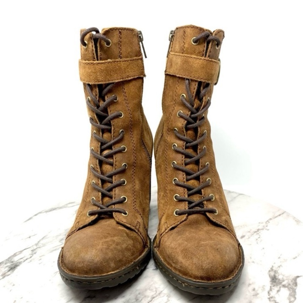 Born Cass Hiking boot lace up chestnut suede comfort buckle detail 8.5 rugged
